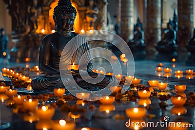 Buddha statue with candle offerings in a temple, ideal for Vesak Day and religious observance themes. Vesak Day greeting Stock Photo