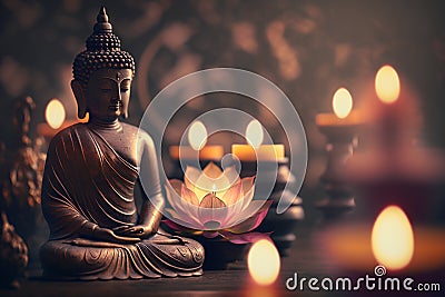 Buddha statue in meditation with lotus flower and burning candles. Meditation, spiritual health, peace, searching zen concept. AI Stock Photo