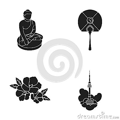 Buddha statue, national fan, hibiscus flower, Seoul tower. South Korea set collection icons in black style vector symbol Vector Illustration