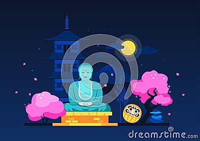 Buddha statue at night - modern colored vector illustration Vector Illustration