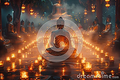 A buddha statue surrounded by lit candles in a Wesak or Vesak day celebration Stock Photo