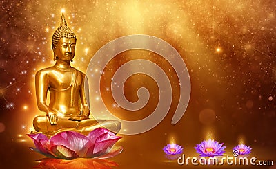 Buddha statue water lotus Buddha standing on lotus flower on orange background Stock Photo