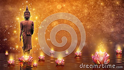 Buddha statue water lotus Buddha standing on lotus flower on orange background Stock Photo