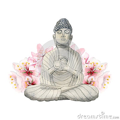 Buddha stone figurine with pink spring sakura flowers watercolor illustration. Meditation element for yoga and Buddhism Cartoon Illustration