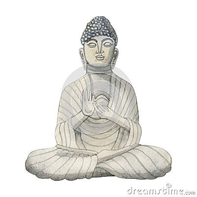Buddha stone statue hand drawn watercolor illustration. Meditation element for yoga and buddhism designs Cartoon Illustration