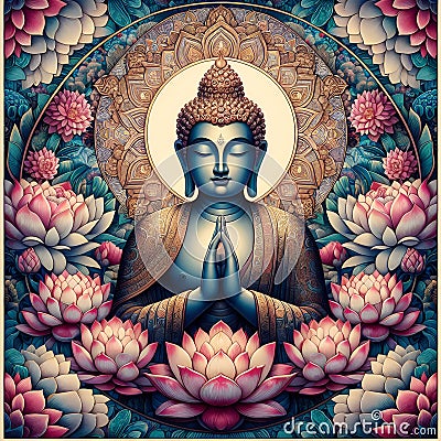 buddha at sunset, buddha statue in lotus position, buddha statue in the garden Stock Photo