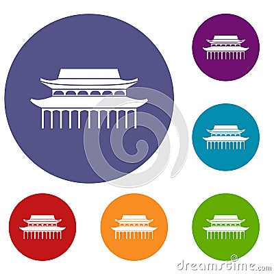 Buddha Toothe Relic Temple in Singapore icons set Vector Illustration