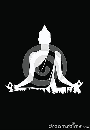 Buddha vector, White buddha on black background, Buddha and nature, meditation background Vector Illustration