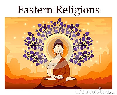 Buddhism. Monk wearing orange robe meditating in lotus position. Cartoon Illustration