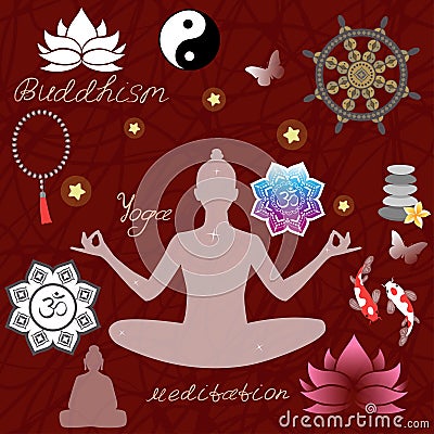 Buddhism religion design with holy symbols, . Woman in lotus position, koi carp, rosary Stock Photo