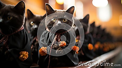 Buddhist cat, animal worship, funny illustration of a cat with folded paws in prayer. Black cat monk. Cartoon Illustration