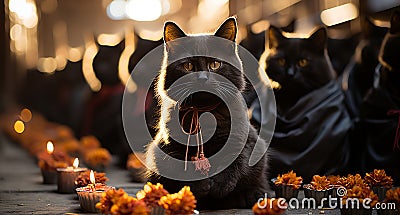 Buddhist cat, animal worship, funny illustration of a cat with folded paws in prayer. Black cat monk. Cartoon Illustration