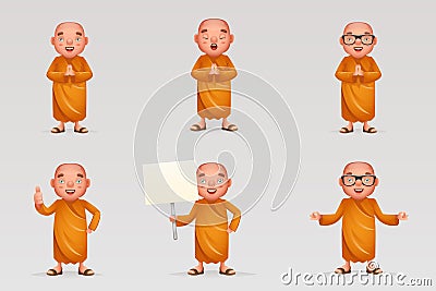 Buddhist cute monk traditional asian buddhist culture religion cartoon 3d realistic character icons design set vector Vector Illustration