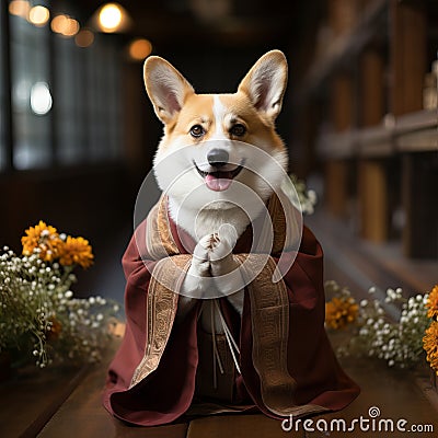 Buddhist dog, animal worship, funny corgi illustration with folded paws in prayer. red cute dog monk. Cartoon Illustration