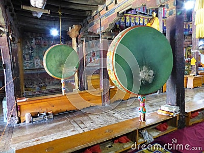 Buddhist drums in a Ladakh monastery in India. Stock Photo