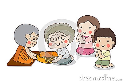 Buddhist elderly woman and children offering robes with white background Vector Illustration