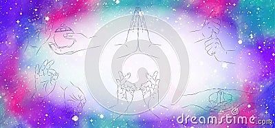 Buddhist hand symbols on galaxy background Vector Illustration