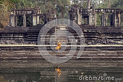 Buddhist Monk at The Buophon in Angkor Thom Editorial Stock Photo