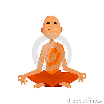 Buddhist monk cartoon character meditating in orange robe vector Illustration on a white background Vector Illustration