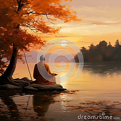 Buddhist monk in deep meditation by a serene lakeside Stock Photo