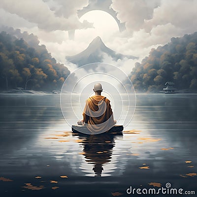 Buddhist monk in deep meditation by a serene lakeside Stock Photo