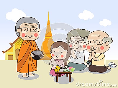 Buddhist monk holding alms bowl to receive food offering from girl with temple Vector Illustration