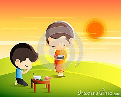 Buddhist monk holding alms bowl in his hands to receive food offering from sitting man Vector Illustration