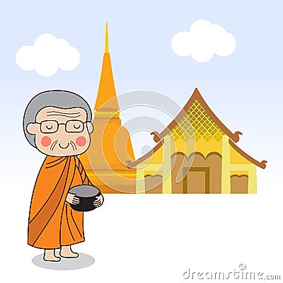 Buddhist monk holding alms bowl to receive food offering Vector Illustration