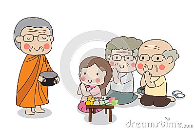 Buddhist monk holding alms bowl to receive food offering from girl Vector Illustration