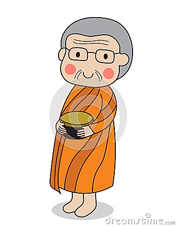 Buddhist monk holding alms bowl to receive food offering white Vector Illustration