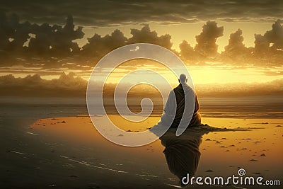 Buddhist monk meditating on calm lake at morning sunrise Stock Photo