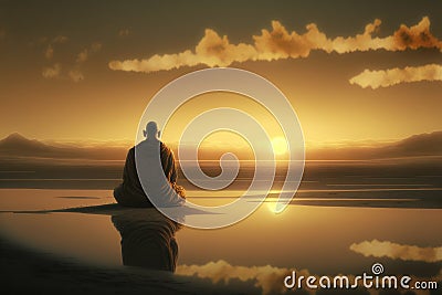 Buddhist monk meditating on calm lake at morning sunrise Stock Photo