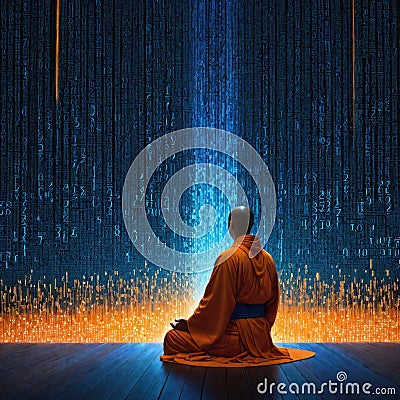 Buddhist monk meditating in the lotus position with binary code on the background. Stock Photo