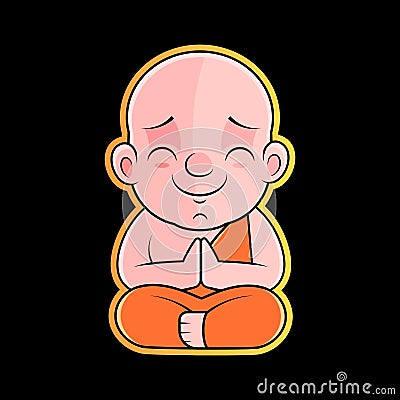 Buddhist monk in orange robes sitting in meditation. Cute cartoon tibetan monk meditating illustration. Vector Illustration