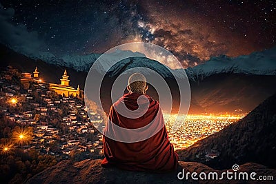 Buddhist monk sits on mount and looks at city and mountains at night, generative AI Stock Photo