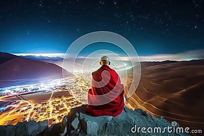 Buddhist monk sits on mountain top and looks at city and sky at night, generative AI Stock Photo