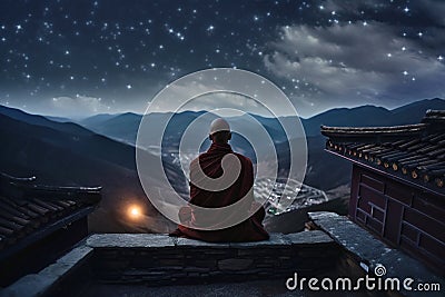 Buddhist monk sits on temple roof and looks at starry sky at night, generative AI Stock Photo