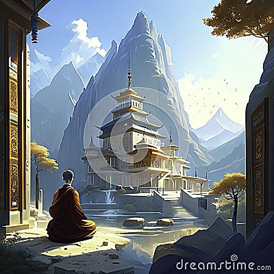 Buddhist monk sitting in front of a Buddhist temple in China AI generated Stock Photo