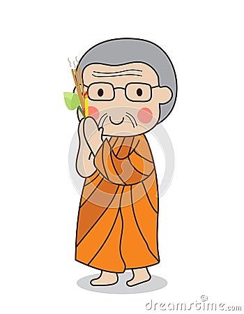 Buddhist monk walking with lighted candle in hand around temple Vector Illustration