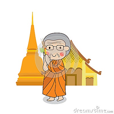 Buddhist monk walking with lighted candle in hand around temple Vector Illustration