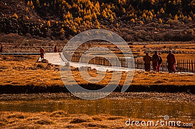 Buddhist monks in Aden National Reserve, Szechwan Editorial Stock Photo