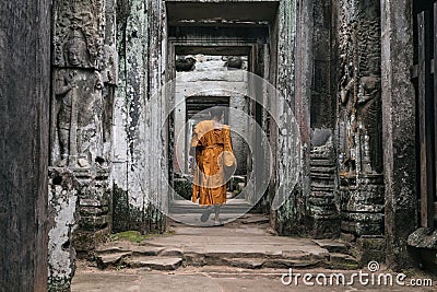 Buddhist monks in Angkor wat temple complex in Cambodia, Siem Reap Buddhist temple Editorial Stock Photo