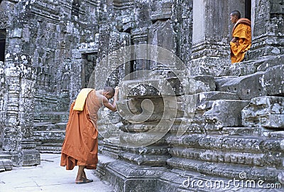Buddhist Monks At The Bayon In Angkor Thom Editorial Stock Photo