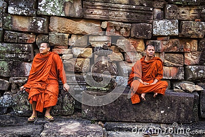 Buddhist Monks at the Bayon Temple, Angkor, Siem Reap, Cambodia Editorial Stock Photo