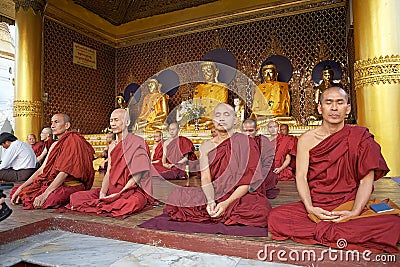 Buddhist monks in meditation, Yangon, Myanmar Editorial Stock Photo