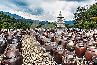 Buddhist monks metal brown pots Stock Photo