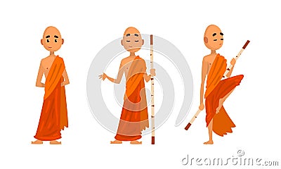 Buddhist Monks in Orange Robes Set, Thai Monks in Different Poses Cartoon Vector Illustration Vector Illustration