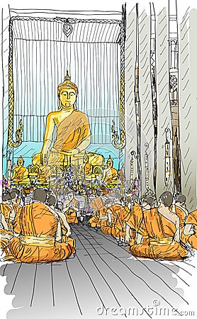 Buddhist monks praying at temple in Chiangmai, Thailand, sketch Vector Illustration