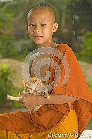 Buddhist Novice in Laos Stock Photo