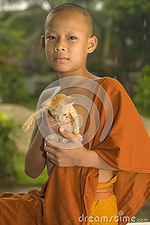 Buddhist Novice in Laos Stock Photo